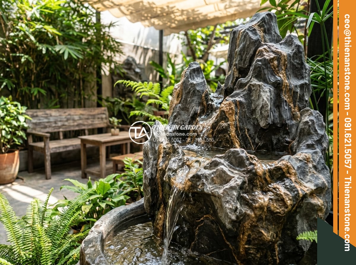 Tiểu cảnh chum nước cho quán cafe: Tuyệt chiêu thu hút khách check-in - Close-up view of hand-carved natural stone water jar with cascading water effect