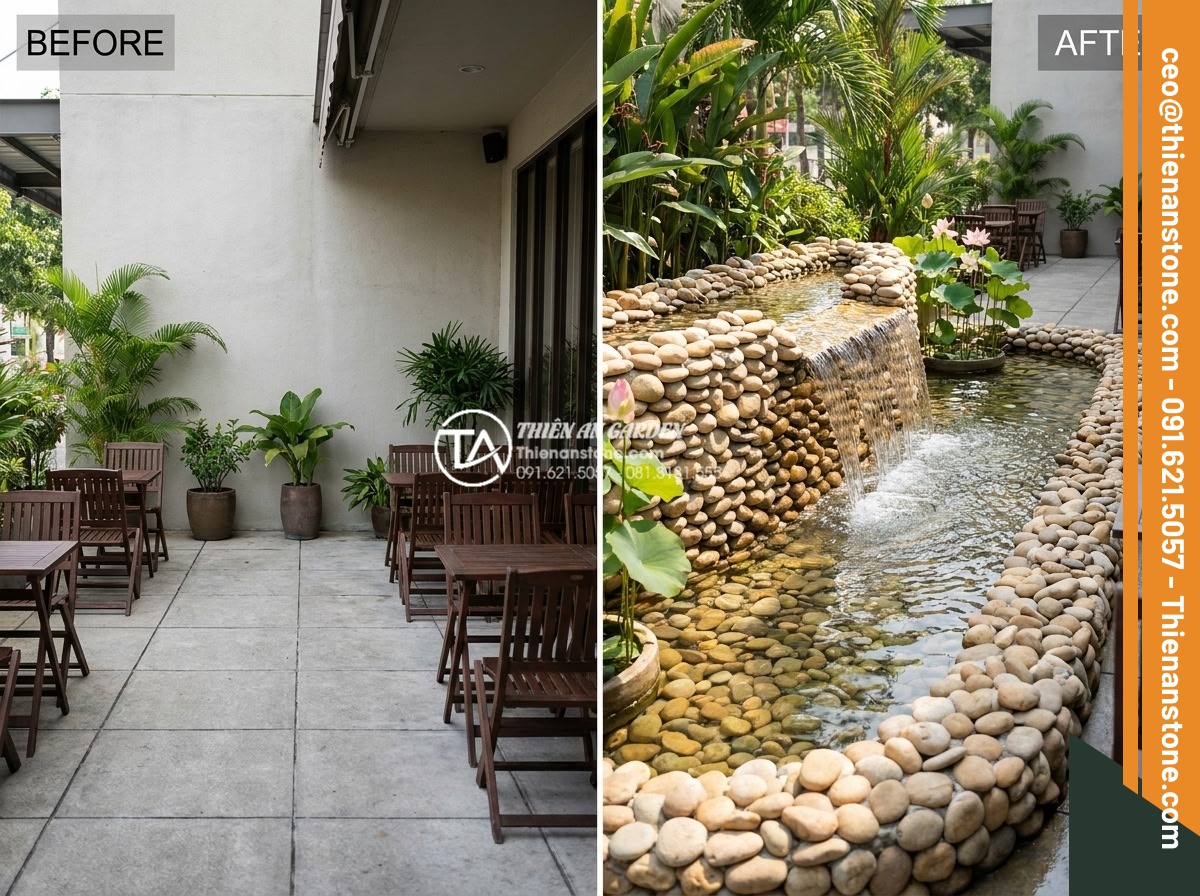 Tiểu cảnh chum nước cho quán cafe: Tuyệt chiêu thu hút khách check-in - Before and after photos of cafes transformed by adding water feature elements, s