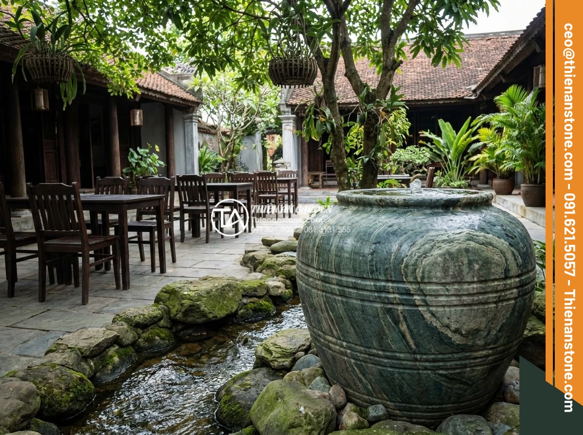 Tiểu cảnh chum nước cho quán cafe: Tuyệt chiêu thu hút khách check-in - Wide angle shot of outdoor cafe patio featuring large natural stone water pot wi