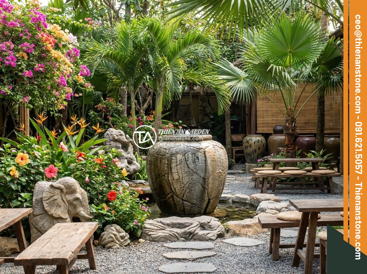 Tiểu cảnh chum nước cho quán cafe: Tuyệt chiêu thu hút khách check-in - Tropical style cafe garden concept with large basalt water jar feature, palm tre