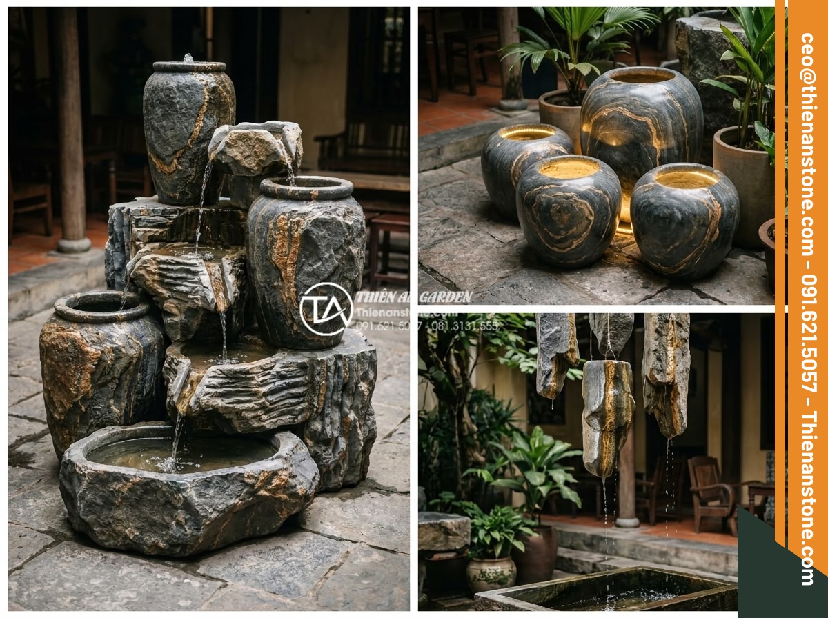 Tiểu cảnh chum nước cho quán cafe: Tuyệt chiêu thu hút khách check-in - Creative cafe water feature designs including multi-tiered stone jars, LED illum