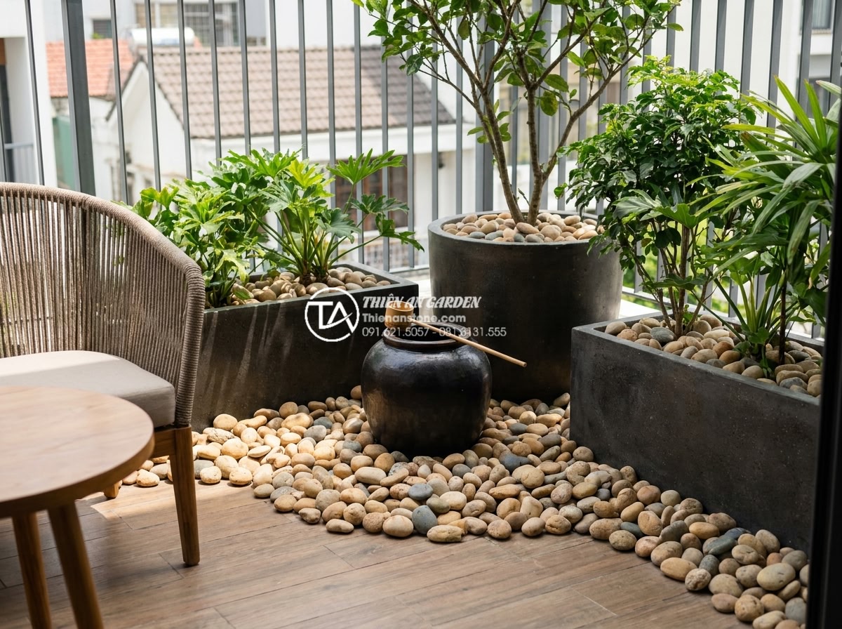 Tiểu cảnh chum nước mini: Giải pháp decor xanh cho ban công và nhà phố - Harmonious placement of a mini water jar on a contemporary townhouse balcony int