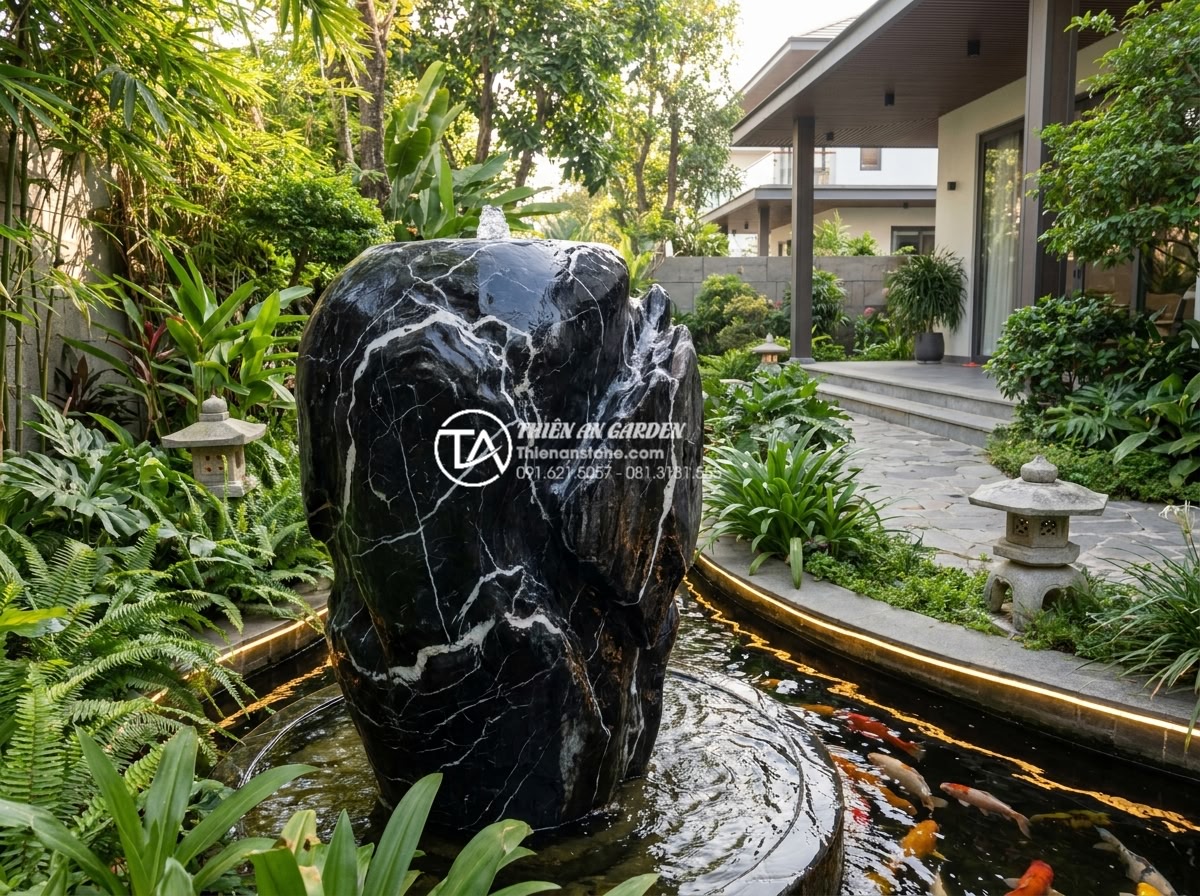 Tiểu cảnh chum nước: Nghệ thuật trang trí sân vườn tinh tế và đẳng cấp 2026 - Luxurious natural stone water jar centerpiece in a modern Vietnamese villa garde