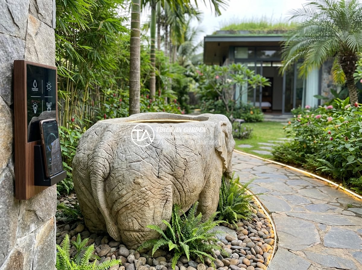 Tiểu cảnh chum nước: Nghệ thuật trang trí sân vườn tinh tế và đẳng cấp 2026 - Hình 10 Tiểu cảnh chum nước: Nghệ thuật trang trí sân vườn tinh tế và đẳng cấp 2026 - Futuristic 2026 natural stone water jar garden design with smart technology inte