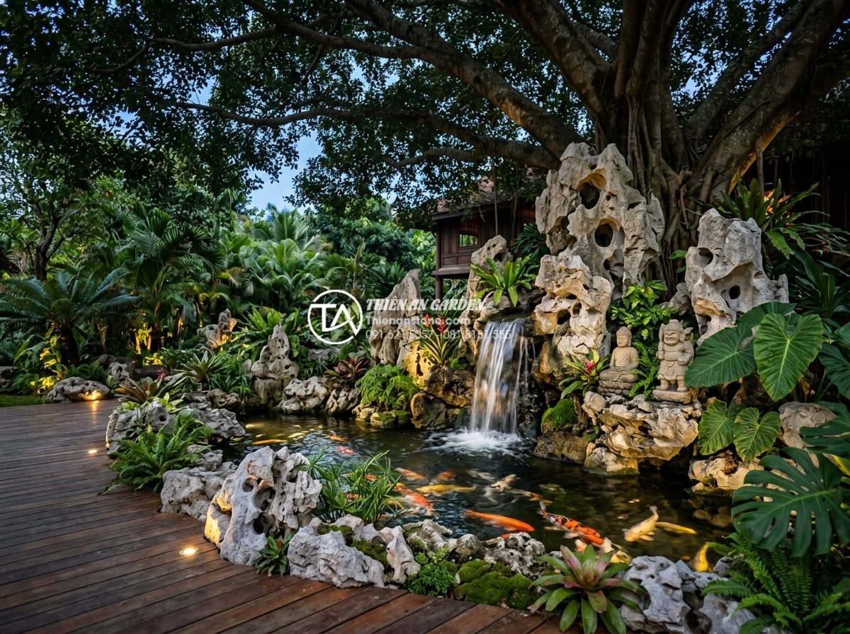 Tiểu cảnh dưới gốc cây: Cẩm nang toàn tập từ ý tưởng đến thi công - Stunning realistic image of a tropical resort-style small landscape beneath a hu