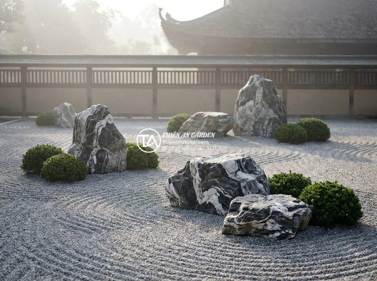 Tiểu cảnh khô cho người mệnh Kim: Chọn màu đá và cây chuẩn phong thủy - Serene minimalist dry landscape garden featuring large white marble boulders and