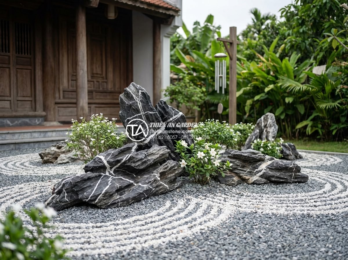 Tiểu cảnh khô cho người mệnh Kim: Chọn màu đá và cây chuẩn phong thủy - Beautifully balanced dry landscape showing white flowering plants, gray and whit