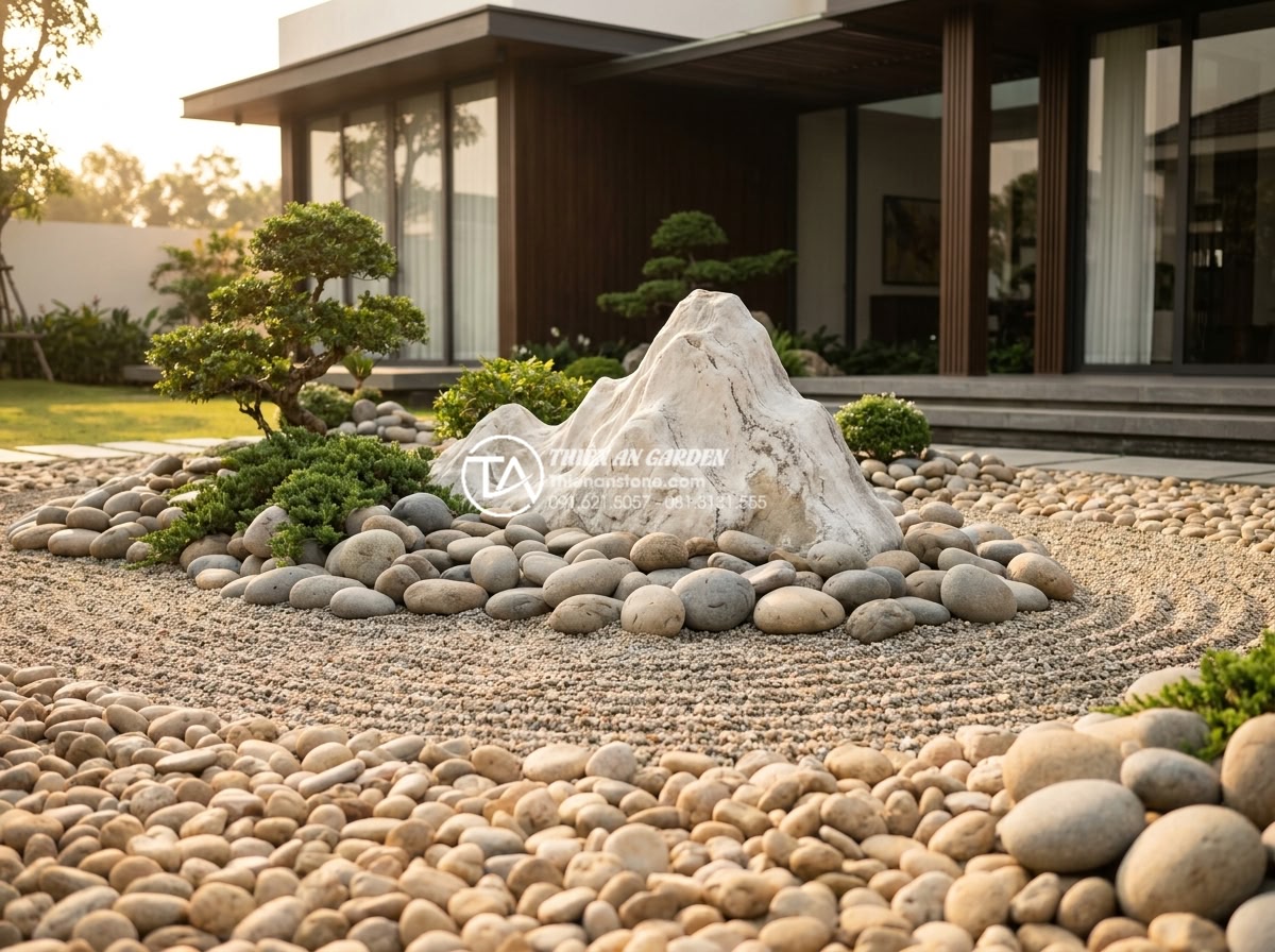Tiểu cảnh khô cho người mệnh Kim: Chọn màu đá và cây chuẩn phong thủy - Professional architectural rendering of a perfectly proportioned dry zen garden 
