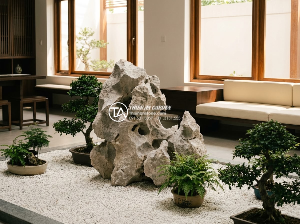 Tiểu cảnh khô cho người mệnh Kim: Chọn màu đá và cây chuẩn phong thủy - Serene dry zen garden in a modern home setting with white and gray stones, raked