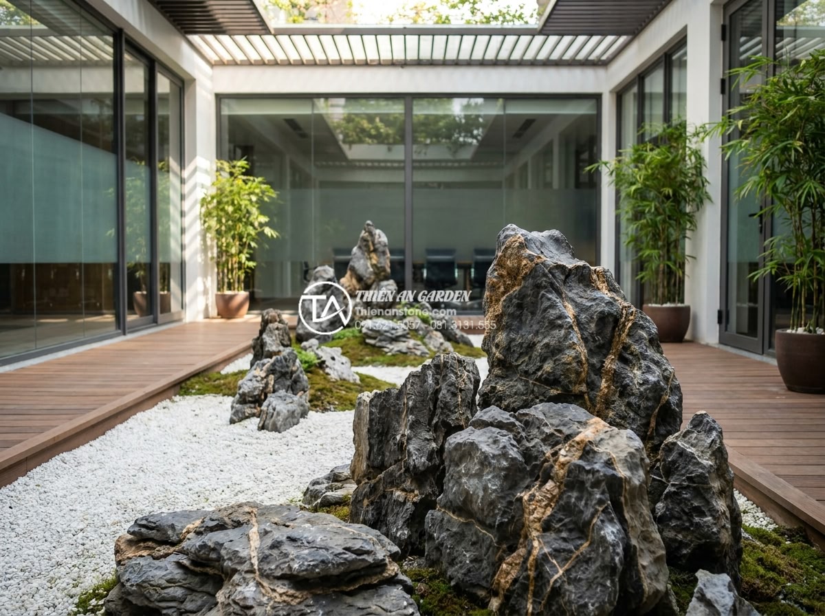 Tiểu cảnh khô cho người mệnh Kim: Chọn màu đá và cây chuẩn phong thủy - Professional business environment featuring elegant dry stone garden with white 