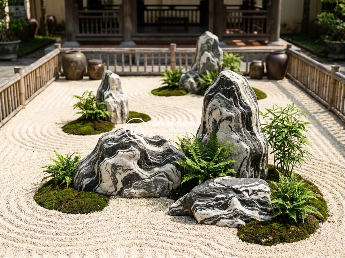 Tiểu cảnh khô cho người mệnh Kim: Chọn màu đá và cây chuẩn phong thủy - Clean and well-maintained dry zen garden showing pristine white and gray stones,