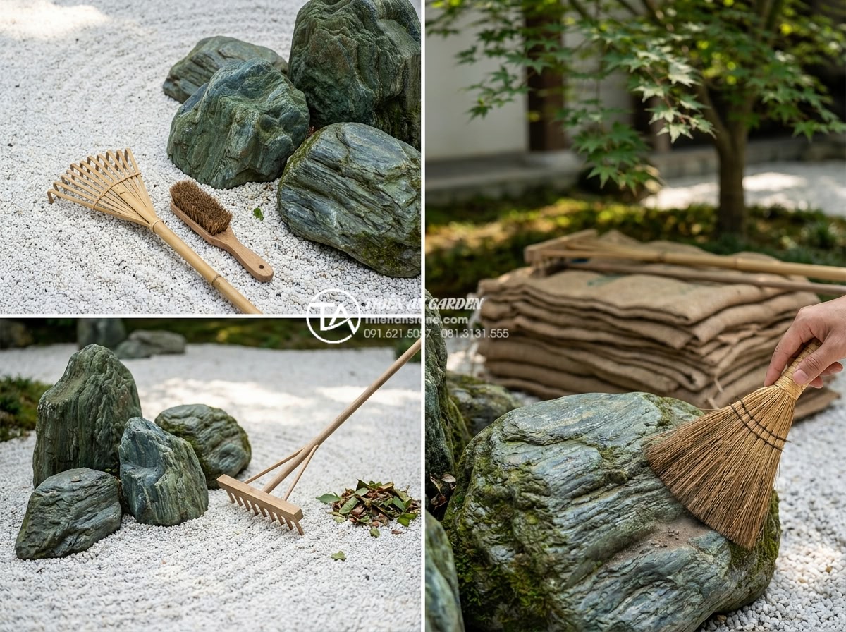 Tiểu cảnh khô cho người mệnh Kim: Chọn màu đá và cây chuẩn phong thủy - Step-by-step maintenance scene of a dry landscape garden with tools for raking g