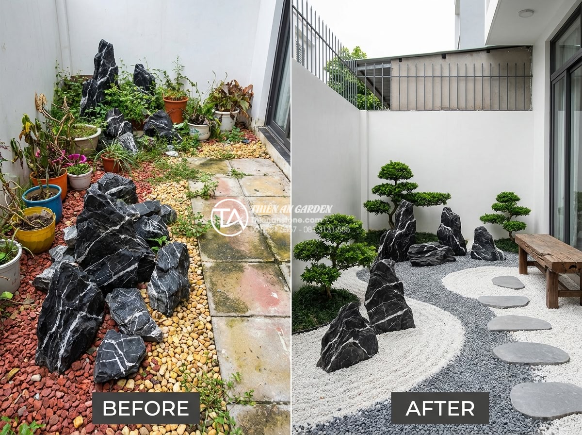 Tiểu cảnh khô cho người mệnh Kim: Chọn màu đá và cây chuẩn phong thủy - Comparison visual of a poorly designed dry garden with wrong colors and crowded 