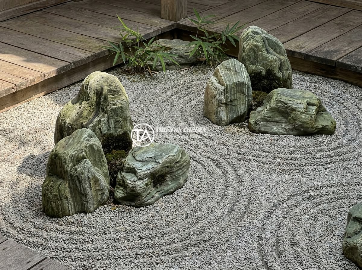 Tiểu cảnh khô cho người mệnh Kim: Chọn màu đá và cây chuẩn phong thủy - Close-up view of a luxury dry zen garden with polished white and light gray natu
