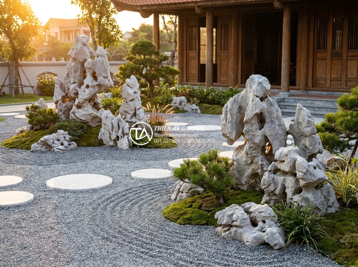 Tiểu cảnh khô cho người mệnh Kim: Chọn màu đá và cây chuẩn phong thủy - Final stunning view of a completed premium dry landscape garden with perfect whi