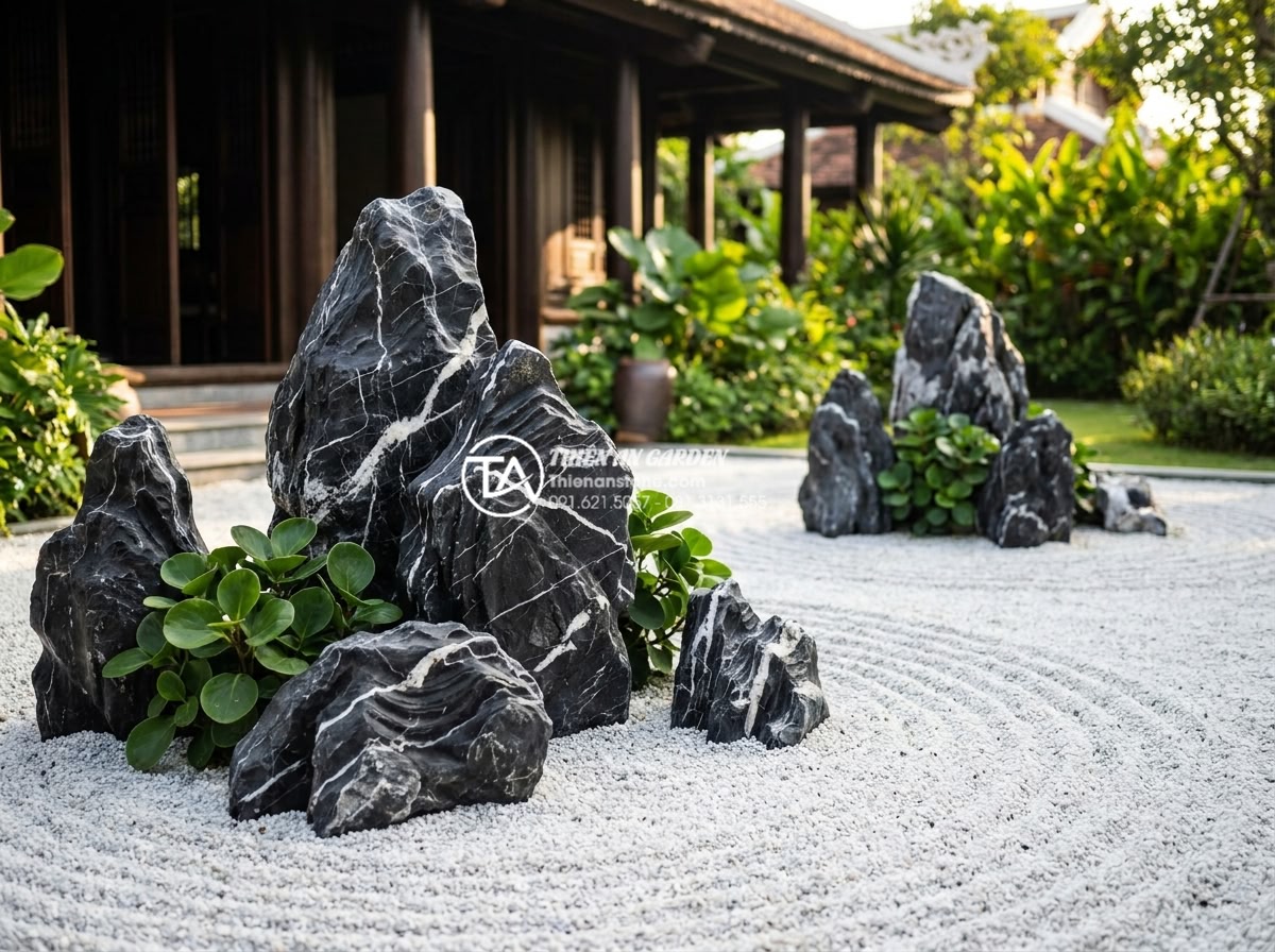 Tiểu cảnh khô cho người mệnh Kim: Chọn màu đá và cây chuẩn phong thủy - Elegant dry stone landscape with large gray granite boulders and white marble ac