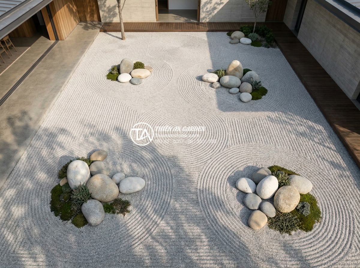 Tiểu cảnh khô cho người mệnh Kim: Chọn màu đá và cây chuẩn phong thủy - Aerial view of a perfectly balanced dry zen garden featuring white and silver-to