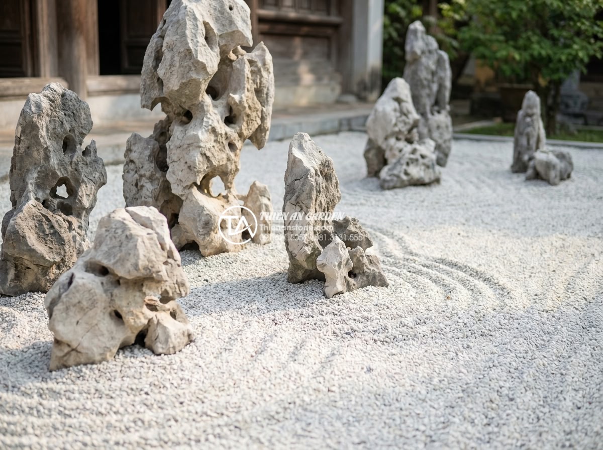 Tiểu cảnh khô cho người mệnh Kim: Chọn màu đá và cây chuẩn phong thủy - Detailed close-up of white and light gray natural stone arrangement in dry zen g