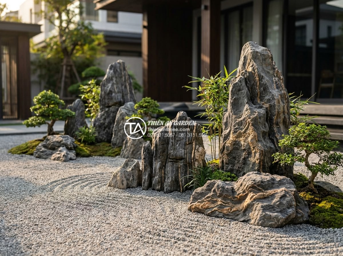 Tiểu cảnh khô cho người mệnh Kim: Chọn màu đá và cây chuẩn phong thủy - High-quality natural white marble boulders and gray granite stones arranged in a