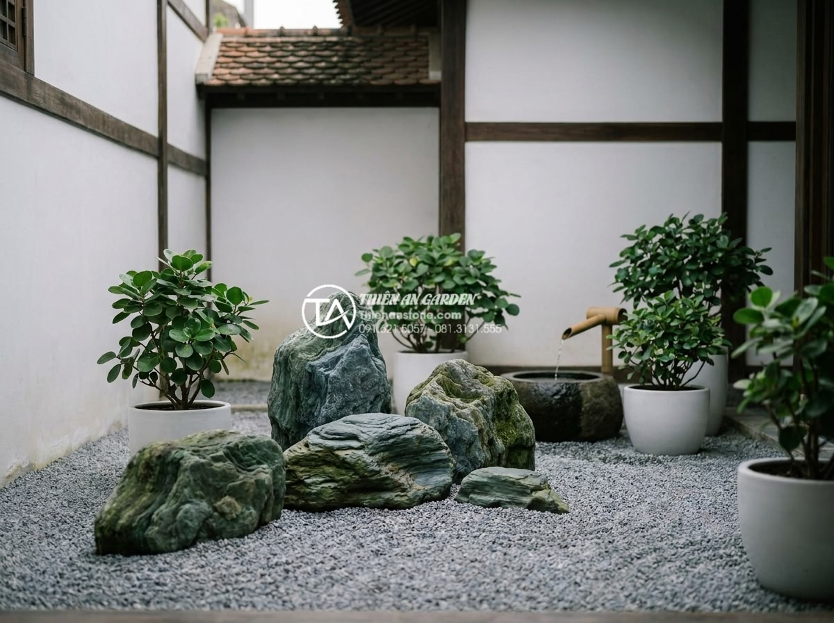 Tiểu cảnh khô cho người mệnh Kim: Chọn màu đá và cây chuẩn phong thủy - Minimalist dry zen garden with carefully selected round-leaf plants in white cer