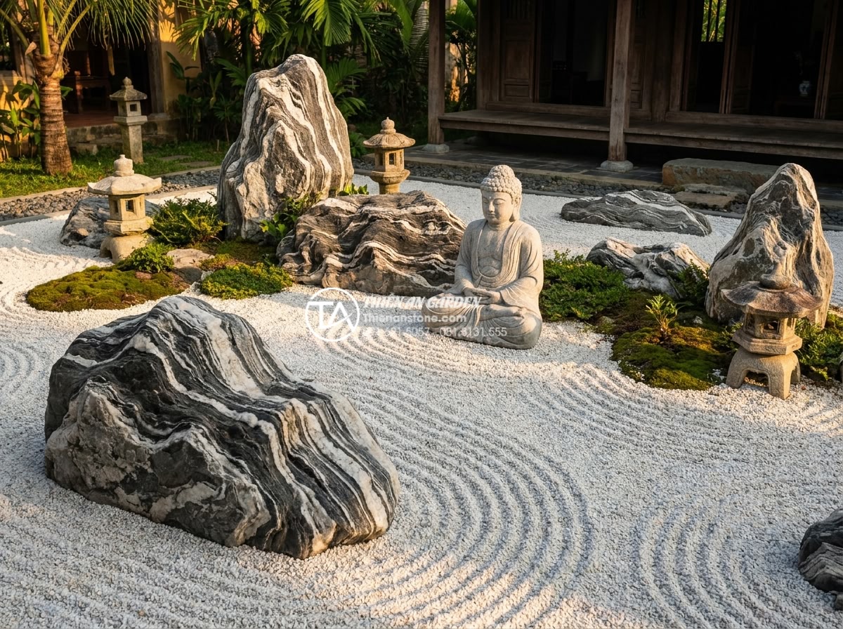 Tiểu cảnh khô kết hợp tượng điêu khắc: Sự giao thoa giữa đá và nghệ thuật - A highly detailed photorealistic image of a traditional Japanese karesansui dry 