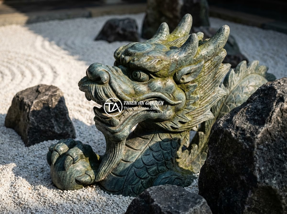 Tiểu cảnh khô kết hợp tượng điêu khắc: Sự giao thoa giữa đá và nghệ thuật - Close-up photorealistic view of an intricately carved stone dragon sculpture eme
