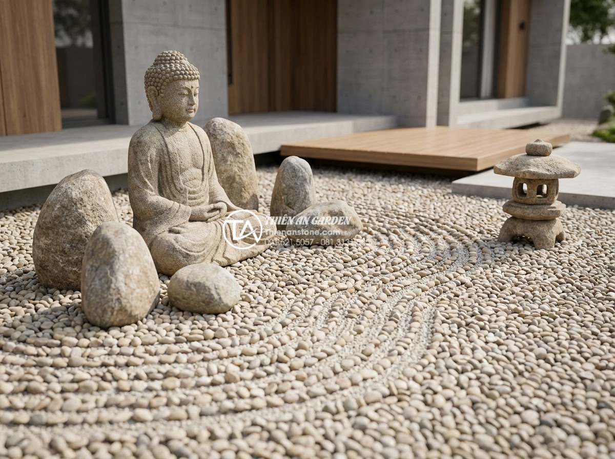 Tiểu cảnh khô kết hợp tượng điêu khắc: Sự giao thoa giữa đá và nghệ thuật - Architectural rendering style image of a modern Vietnamese villa courtyard dry g