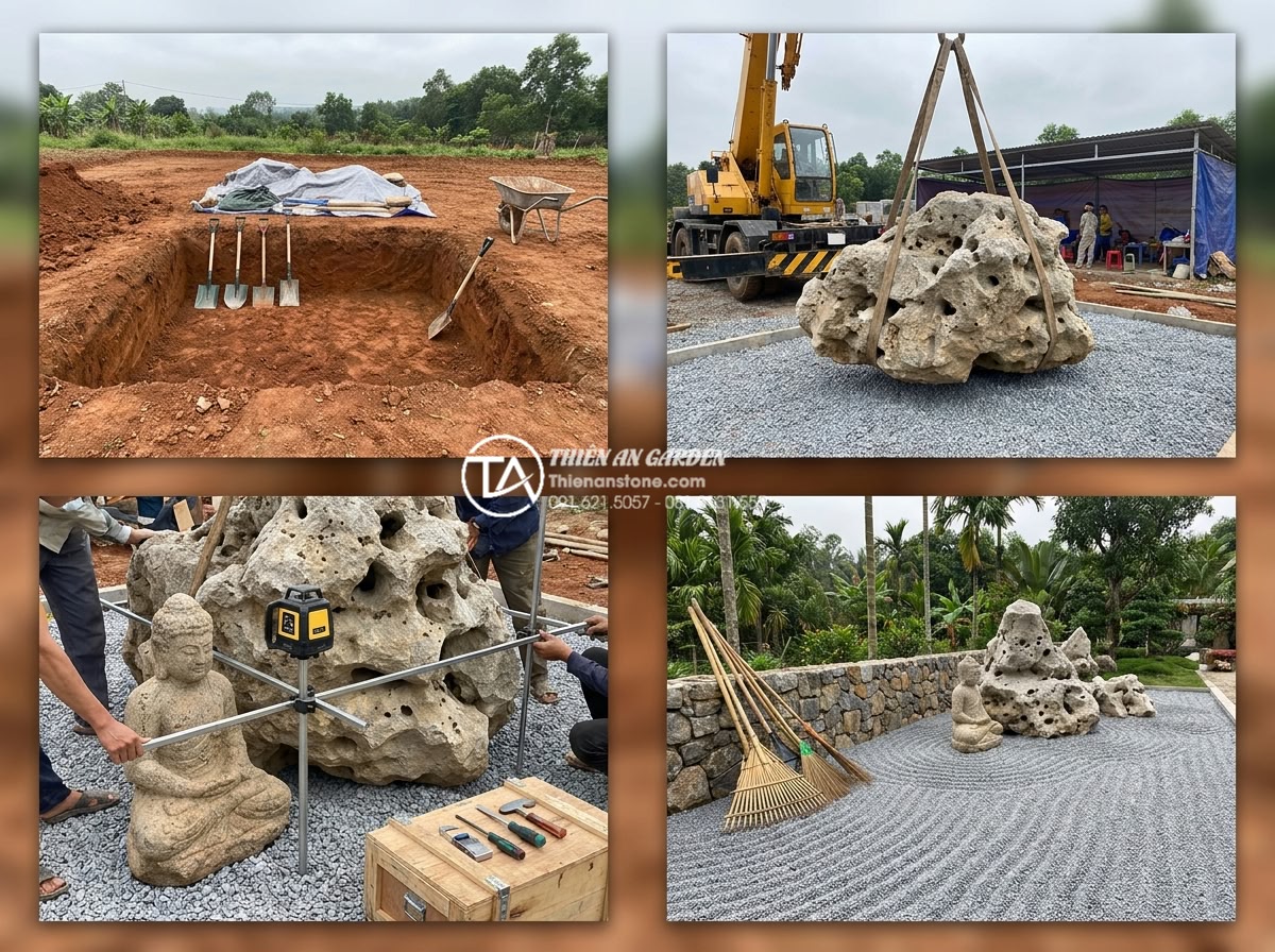 Tiểu cảnh khô kết hợp tượng điêu khắc: Sự giao thoa giữa đá và nghệ thuật - Step-by-step construction process collage showing professional stone workers ins