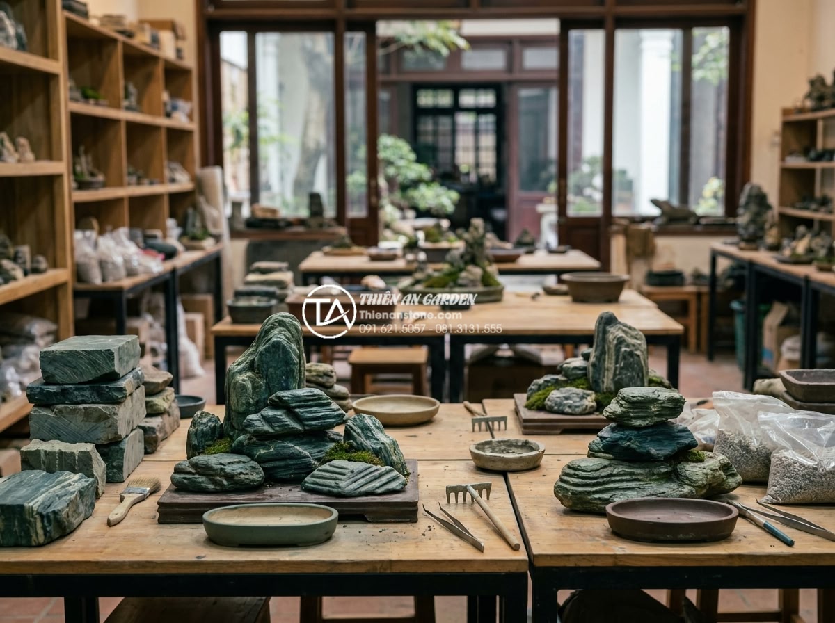 Tiểu cảnh khô mini: Sự lựa chọn hoàn hảo cho bàn làm việc và ban công - Professional team photo of Đá Cảnh Thiên An craftsmen and designers working on c