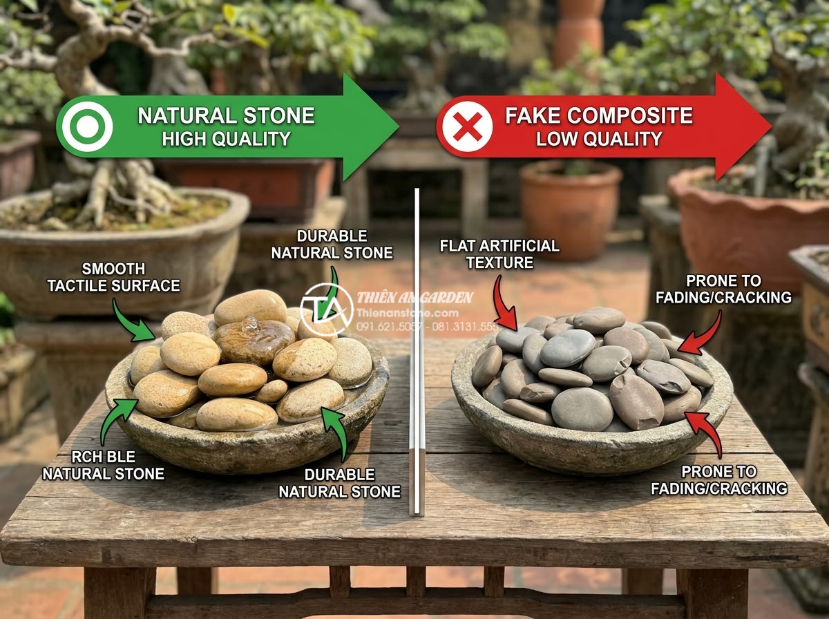 Tiểu cảnh khô mini: Sự lựa chọn hoàn hảo cho bàn làm việc và ban công - Comparison infographic style image showing high quality natural stone mini lands