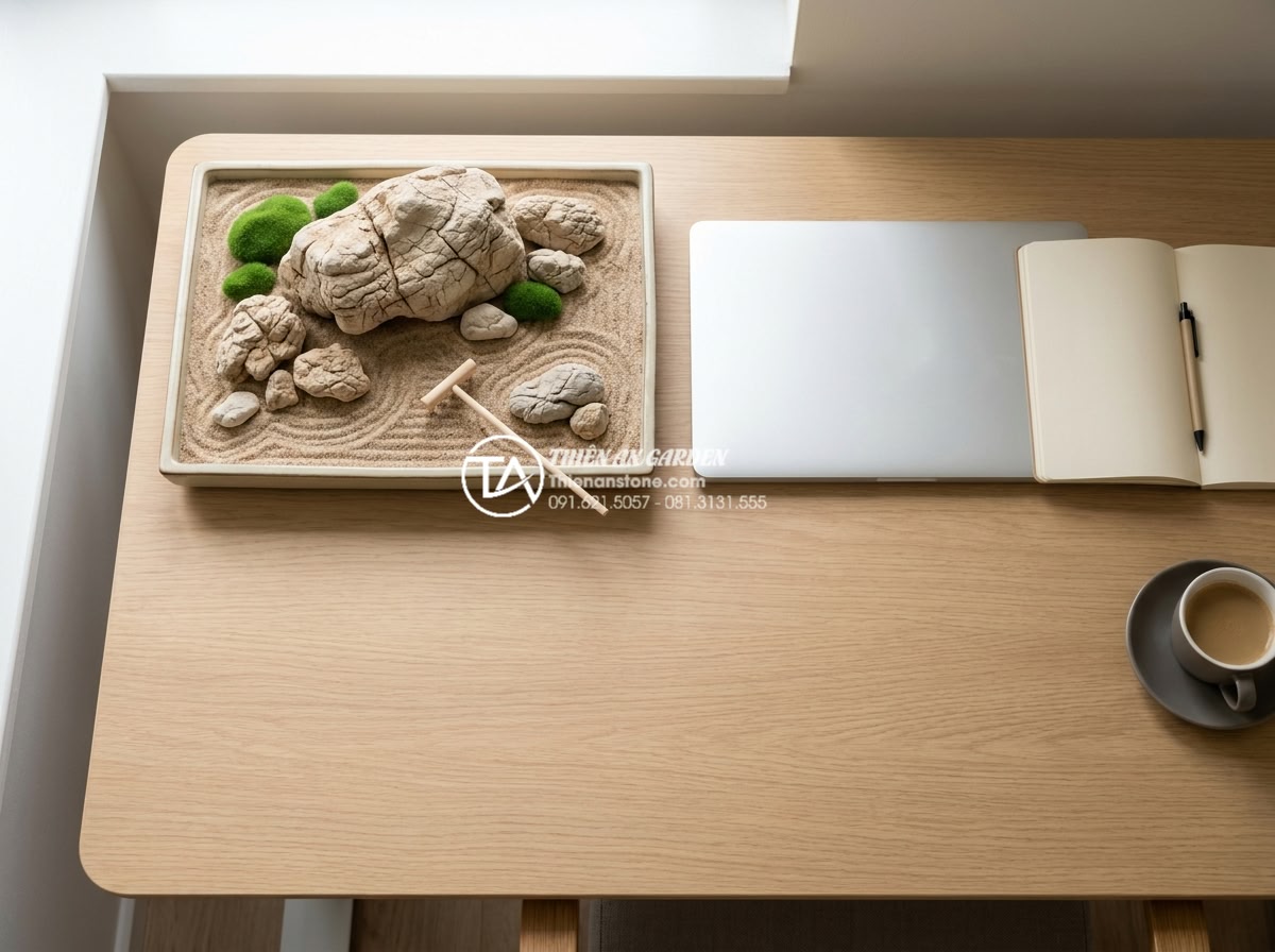 Tiểu cảnh khô mini: Sự lựa chọn hoàn hảo cho bàn làm việc và ban công - Top down view of perfectly arranged mini dry landscape on a professional office 