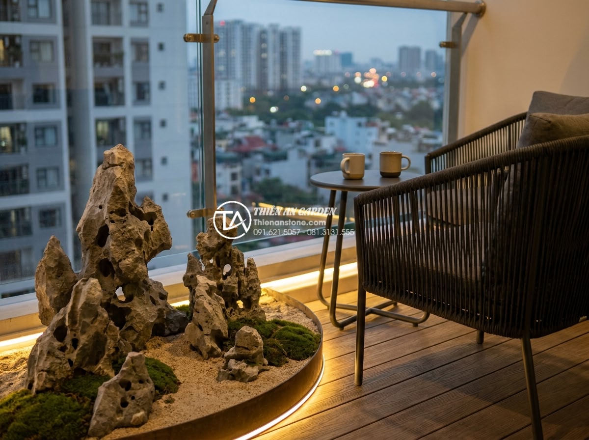 Tiểu cảnh khô mini: Sự lựa chọn hoàn hảo cho bàn làm việc và ban công - Beautiful evening scene of balcony with mini dry landscape illuminated by warm L