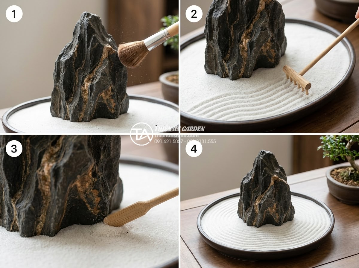 Tiểu cảnh khô mini: Sự lựa chọn hoàn hảo cho bàn làm việc và ban công - Step by step maintenance guide visual showing proper cleaning techniques for min
