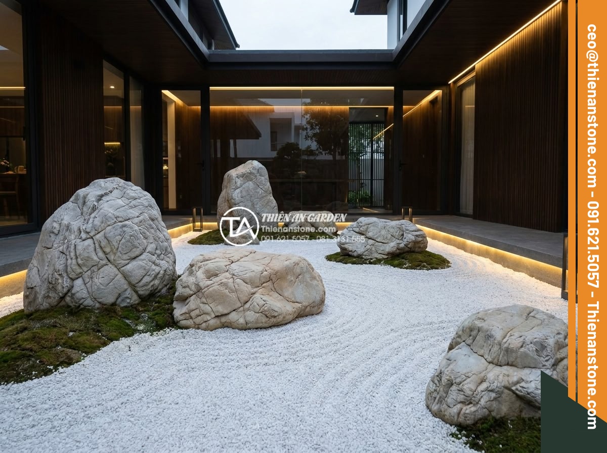 Tiểu cảnh khô Nhật Bản (Zen Garden): Tinh hoa nghệ thuật sắp đặt đá cảnh - Hình 11 Tiểu cảnh khô Nhật Bản (Zen Garden): Tinh hoa nghệ thuật sắp đặt đá cảnh - Elegant completed Japanese Zen dry garden project by professional Vietnamese sto
