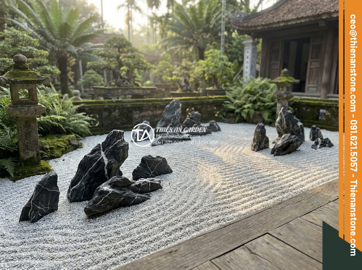 Tiểu cảnh khô Nhật Bản (Zen Garden): Tinh hoa nghệ thuật sắp đặt đá cảnh - Hình 2 Tiểu cảnh khô Nhật Bản (Zen Garden): Tinh hoa nghệ thuật sắp đặt đá cảnh - Historical Japanese Zen dry garden at Ryoan-ji temple in Kyoto featuring fifteen