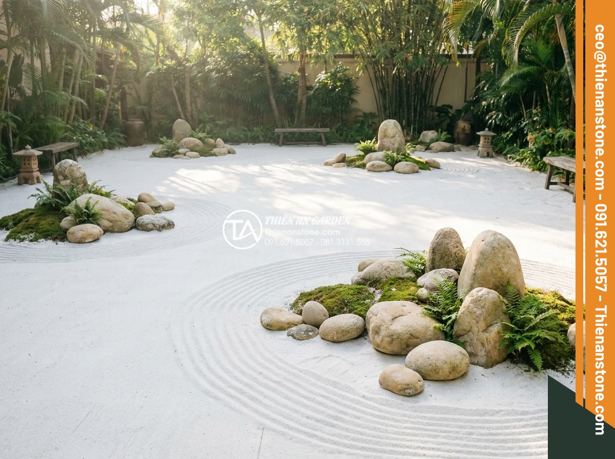 Tiểu cảnh khô Nhật Bản (Zen Garden): Tinh hoa nghệ thuật sắp đặt đá cảnh - Hình 3 Tiểu cảnh khô Nhật Bản (Zen Garden): Tinh hoa nghệ thuật sắp đặt đá cảnh - Minimalist Japanese Zen dry landscape garden showcasing wabi-sabi philosophy wit