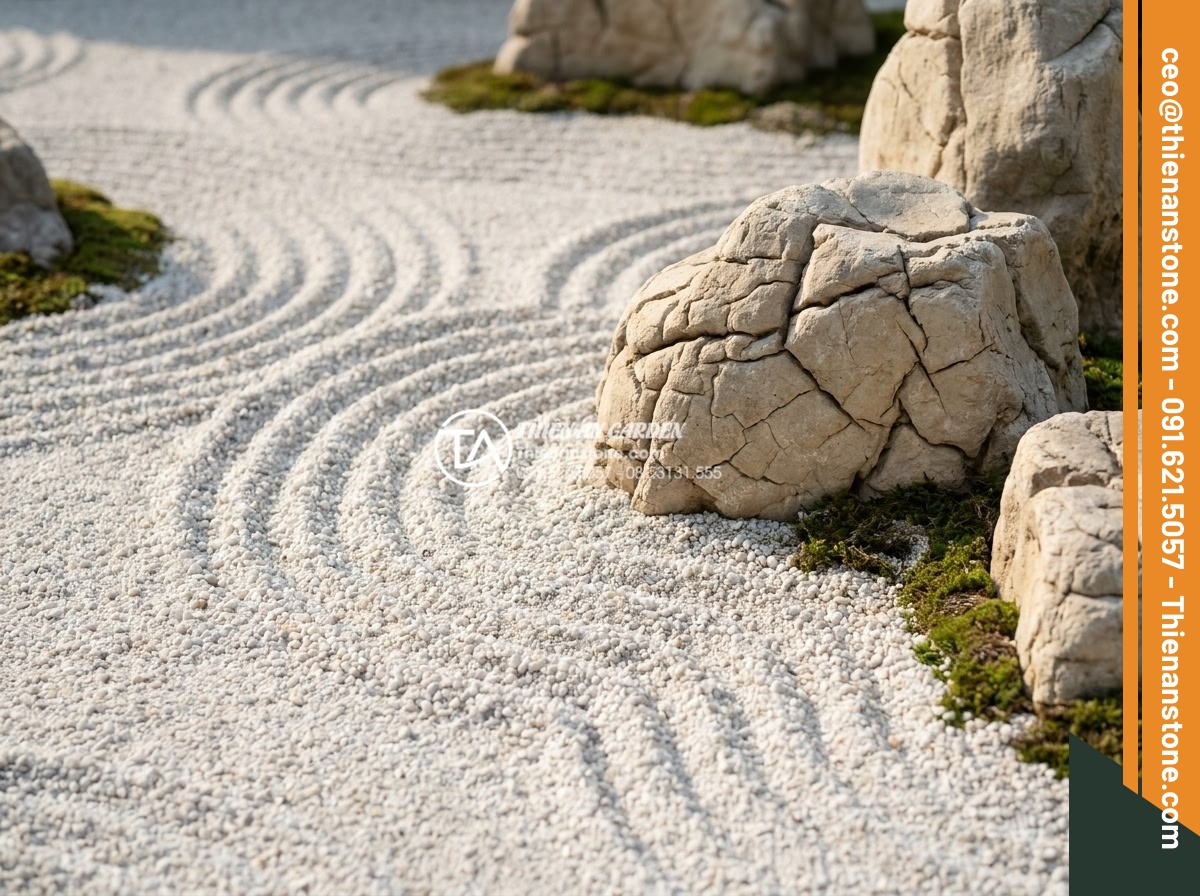 Tiểu cảnh khô Nhật Bản (Zen Garden): Tinh hoa nghệ thuật sắp đặt đá cảnh - Hình 4 Tiểu cảnh khô Nhật Bản (Zen Garden): Tinh hoa nghệ thuật sắp đặt đá cảnh - Close-up view of authentic Japanese Zen garden dry landscape with white gravel r