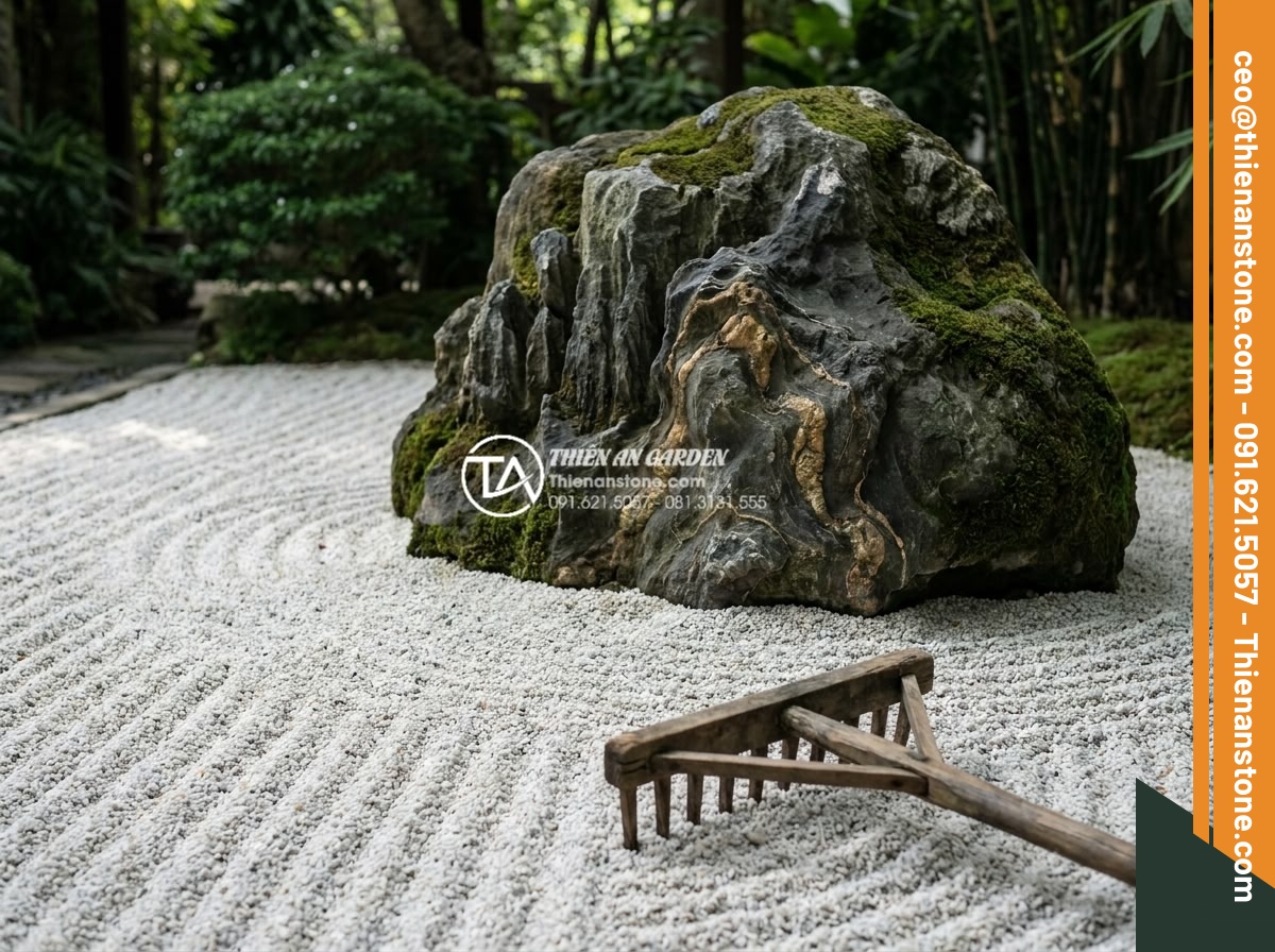 Tiểu cảnh khô Nhật Bản (Zen Garden): Tinh hoa nghệ thuật sắp đặt đá cảnh - Hình 6 Tiểu cảnh khô Nhật Bản (Zen Garden): Tinh hoa nghệ thuật sắp đặt đá cảnh - Artisan raking white gravel in traditional Japanese Zen dry garden using wooden
