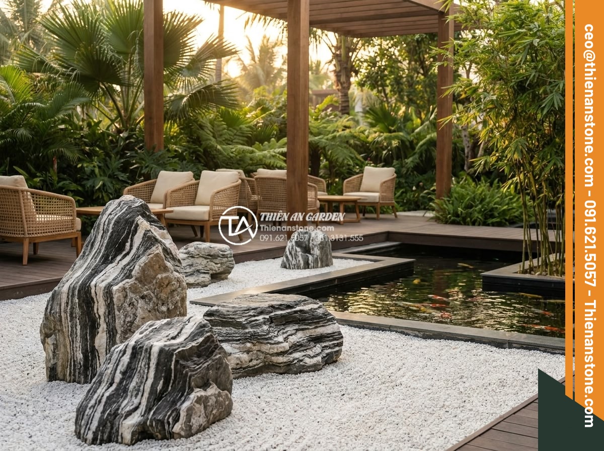 Tiểu cảnh khô Nhật Bản (Zen Garden): Tinh hoa nghệ thuật sắp đặt đá cảnh - Hình 7 Tiểu cảnh khô Nhật Bản (Zen Garden): Tinh hoa nghệ thuật sắp đặt đá cảnh - Modern Vietnamese resort Zen dry garden with large granite boulders artistically