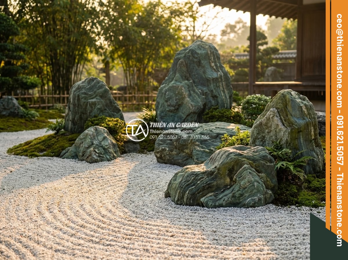 Tiểu cảnh khô Nhật Bản (Zen Garden): Tinh hoa nghệ thuật sắp đặt đá cảnh - Hình 8 Tiểu cảnh khô Nhật Bản (Zen Garden): Tinh hoa nghệ thuật sắp đặt đá cảnh - Peaceful Japanese Zen dry garden at golden hour with raked white gravel patterns