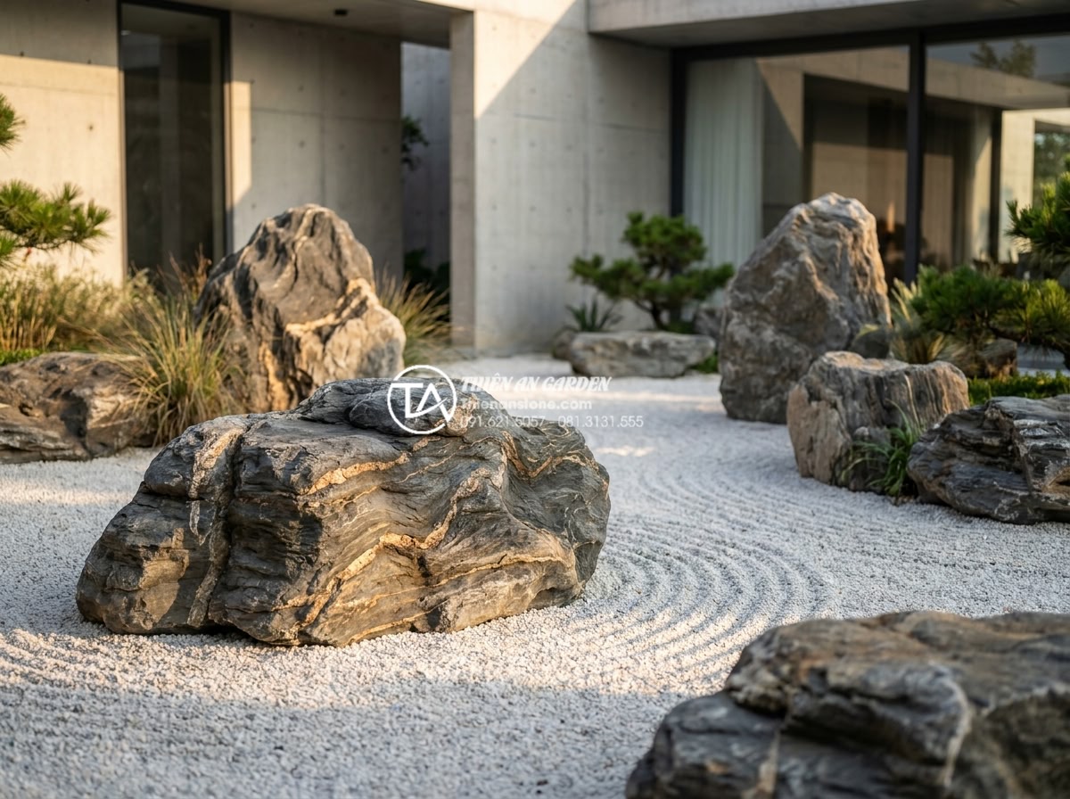Tiểu cảnh khô tối giản (Minimalism): Đỉnh cao của sự tinh tế trong kiến trúc - Serene minimalist dry garden at luxury modern villa in Vietnam, large irregular