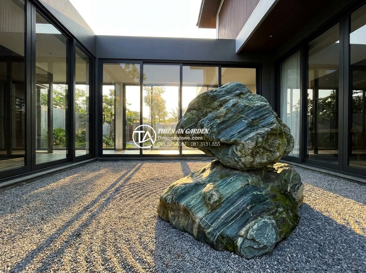 Tiểu cảnh khô tối giản (Minimalism): Đỉnh cao của sự tinh tế trong kiến trúc - Dynamic perspective shot of minimalist dry garden demonstrating strong sight lin