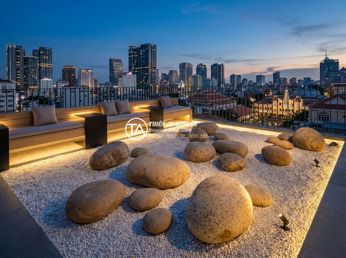 Tiểu cảnh khô tối giản (Minimalism): Đỉnh cao của sự tinh tế trong kiến trúc - Modern rooftop minimalist dry garden at luxury penthouse villa, large natural st