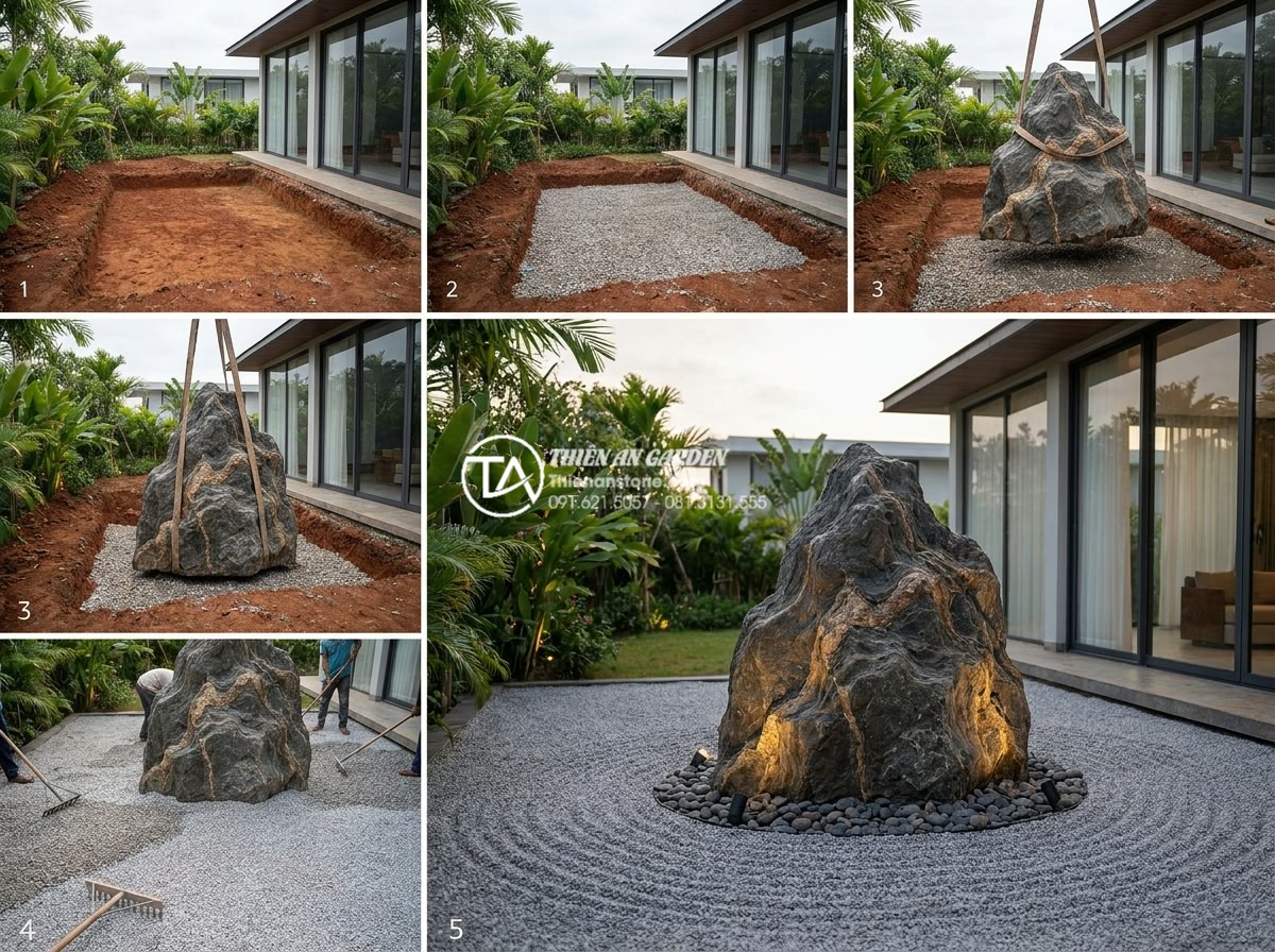 Tiểu cảnh khô tối giản (Minimalism): Đỉnh cao của sự tinh tế trong kiến trúc - Step-by-step professional construction process of minimalist dry garden showing 