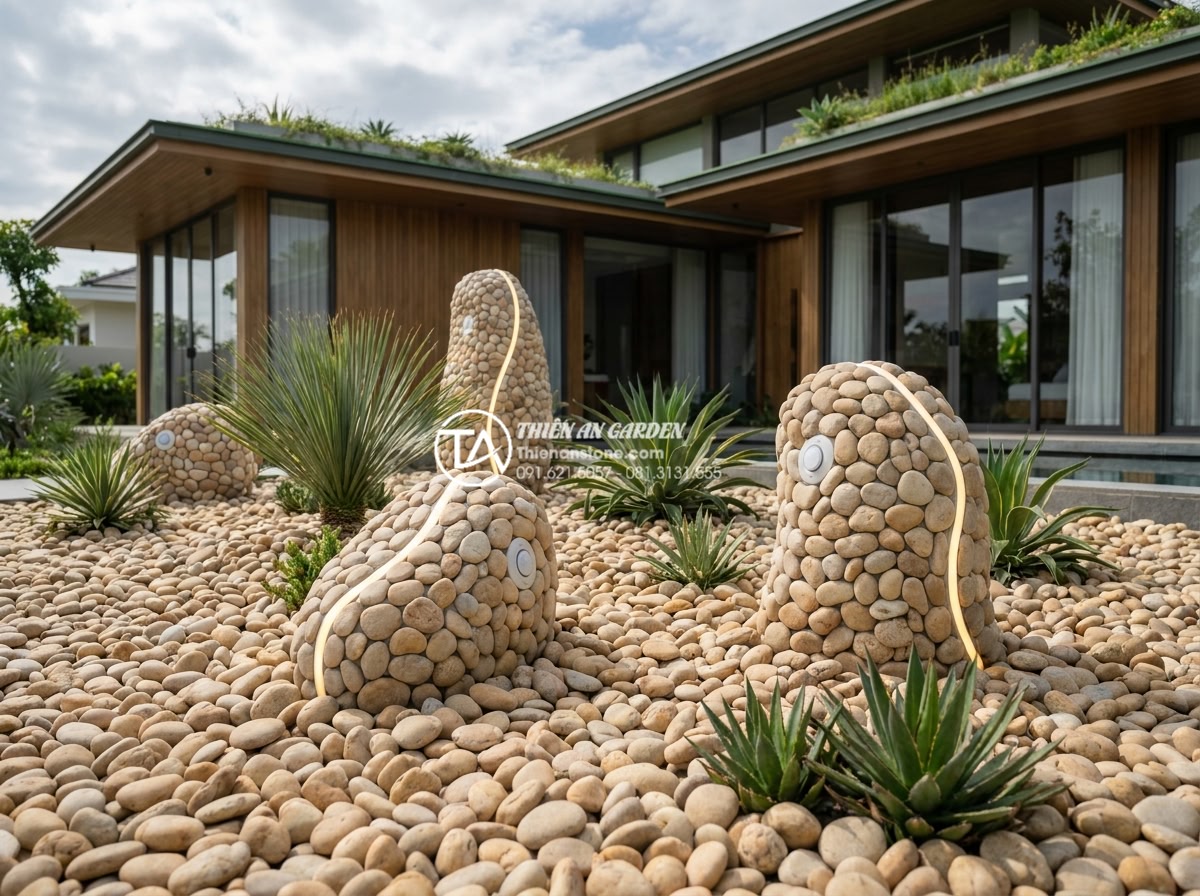 Tiểu cảnh khô tối giản (Minimalism): Đỉnh cao của sự tinh tế trong kiến trúc - Futuristic concept rendering of smart minimalist dry garden with integrated sens