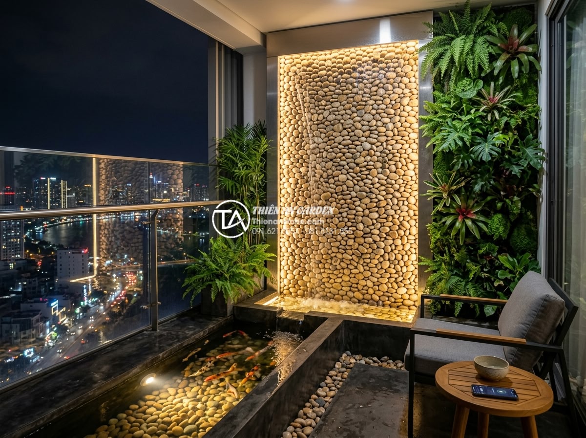 Tiểu cảnh nước ban công chung cư: Giải pháp xanh cho diện tích nhỏ hẹp - Hình 10 Tiểu cảnh nước ban công chung cư: Giải pháp xanh cho diện tích nhỏ hẹp - Trendy modern balcony water feature design for 2026, featuring smart app-control