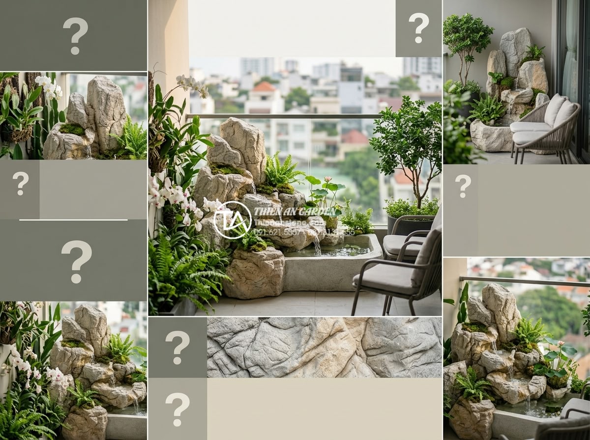 Tiểu cảnh nước ban công chung cư: Giải pháp xanh cho diện tích nhỏ hẹp - Hình 11 Tiểu cảnh nước ban công chung cư: Giải pháp xanh cho diện tích nhỏ hẹp - FAQ style professional illustration with question marks and answers about balcon