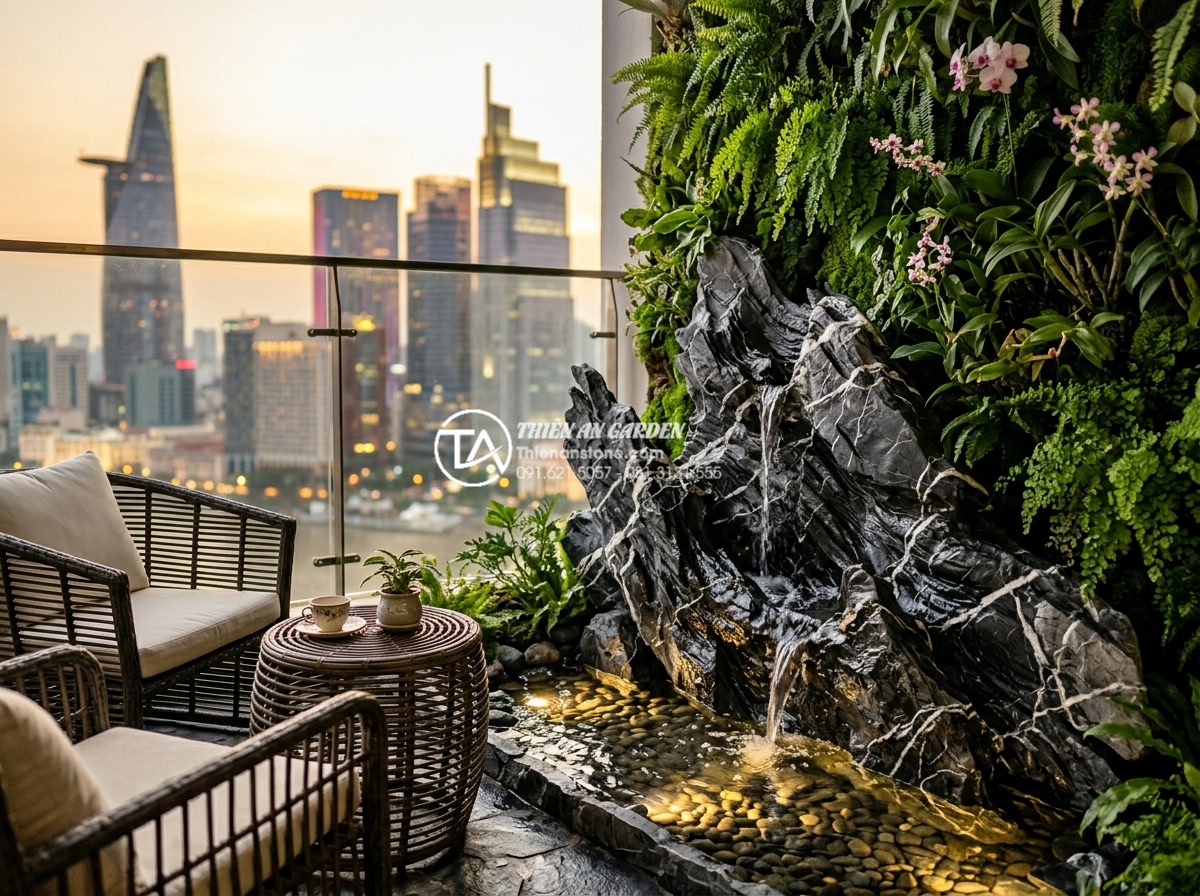 Tiểu cảnh nước ban công chung cư: Giải pháp xanh cho diện tích nhỏ hẹp - Hình 2 Tiểu cảnh nước ban công chung cư: Giải pháp xanh cho diện tích nhỏ hẹp - Photorealistic image of a luxurious small balcony water garden in a luxury apart
