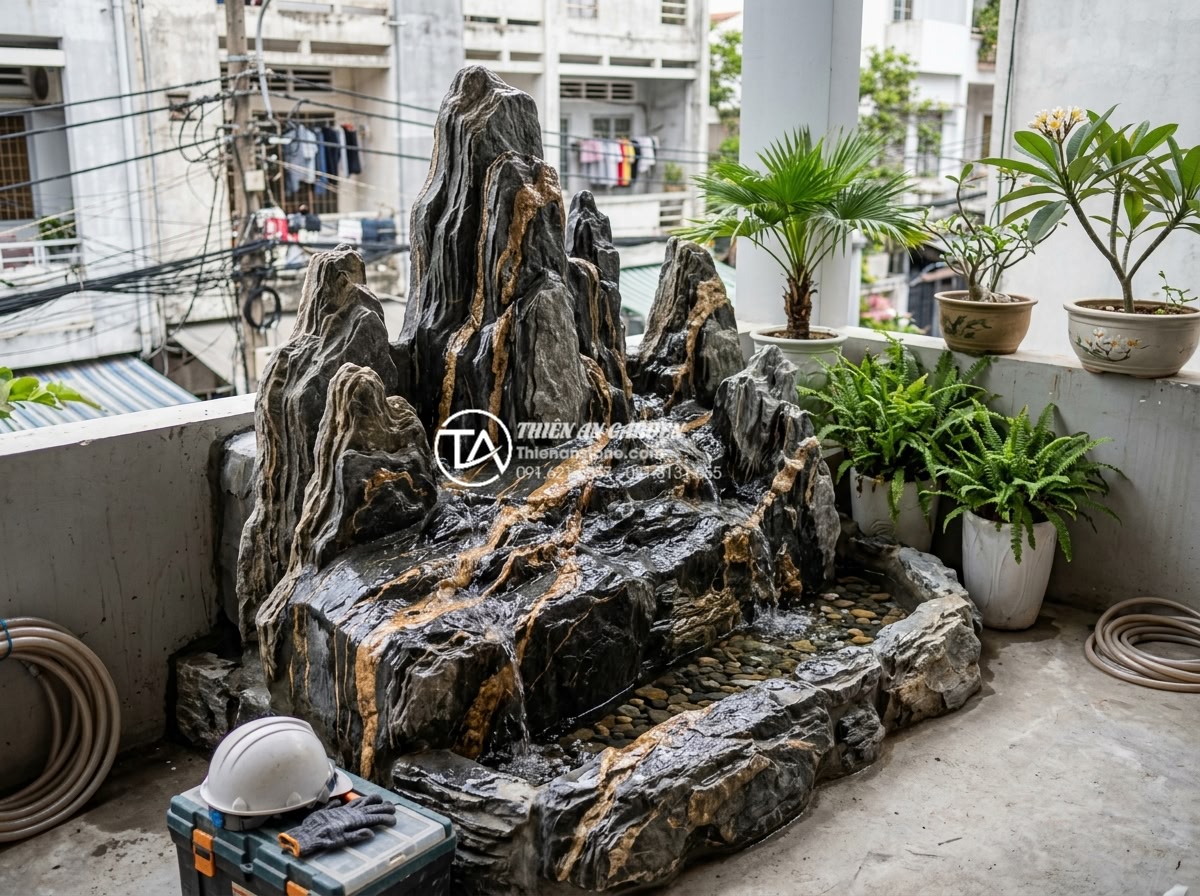 Tiểu cảnh nước ban công chung cư: Giải pháp xanh cho diện tích nhỏ hẹp - Hình 6 Tiểu cảnh nước ban công chung cư: Giải pháp xanh cho diện tích nhỏ hẹp - Step-by-step construction process photo of installing a natural stone water feat