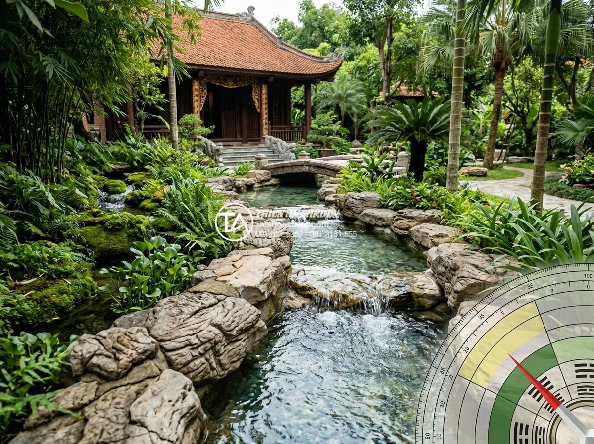 Tiểu cảnh nước chảy: 7 nguyên tắc vàng khi bố trí để không phạm đại kỵ - Detailed realistic photograph of correct Feng Shui water flow in a spacious Viet